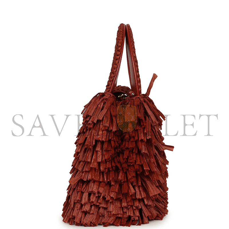 CHANEL MASTER SMALL FRINGE KELLY DARK RED RAFFIA WOOD AND LIGHT GOLD HARDWARE (20*13*6cm) 